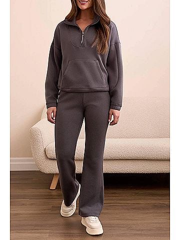 Tribal Laurel Long Sleeve Mock Neck Top With Zipper in Charcoal (view 2)