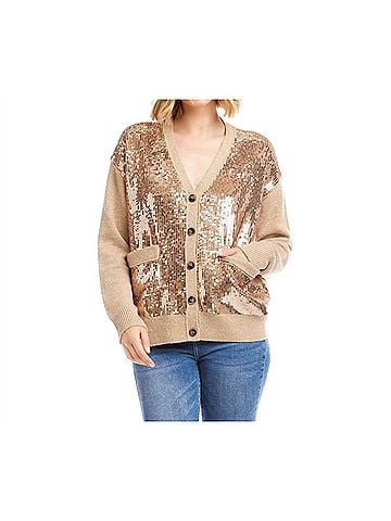Karen Kane Sequin Cardigan Sweater in Dark Oatmeal (view 2)