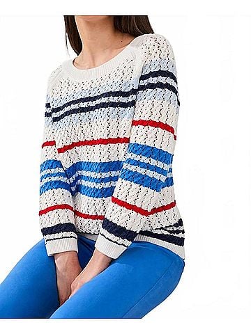 Tribal Striped Crew Neck Sweater With Cable Detail in Royal (view 2)