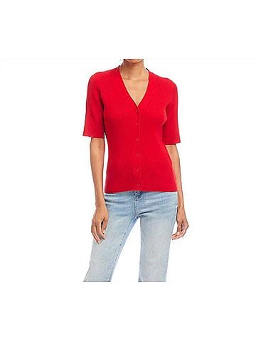 Karen Kane Short Sleeve Ribbed Cardigan Sweater in Red (view 2)