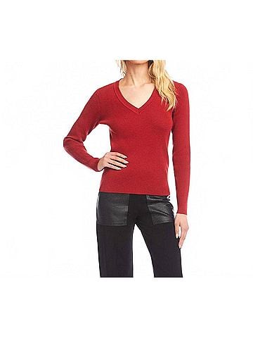Karen Kane Ribbed V-Neck Sweater in Tomato (view 2)