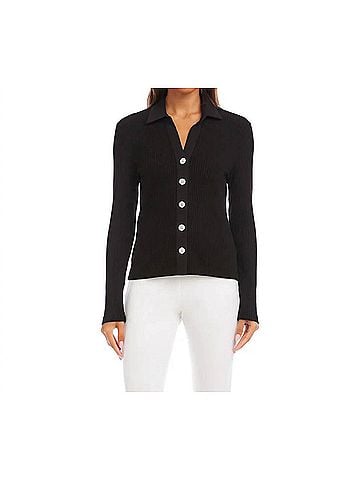 Karen Kane Raveen Ribbed Long Sleeve Button Front Top in Black (view 2)