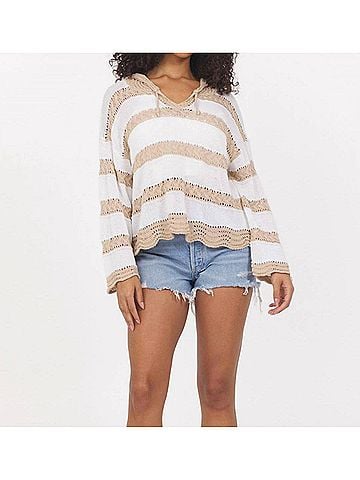 Vintage Havana Women's Stripe Hooded Sweater in Ivory Beige Stripes (view 2)