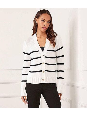 Karen Kane Stripe Cardigan Sweater in Off White With Black (view 2)