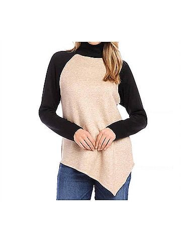 Karen Kane Orion Asymmetric Turtleneck Top in Oatmeal/Black (view 2)