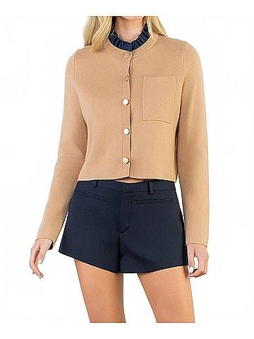 THML Ruffle Trim Neckline Button Up Cardigan in Beige (view 2)