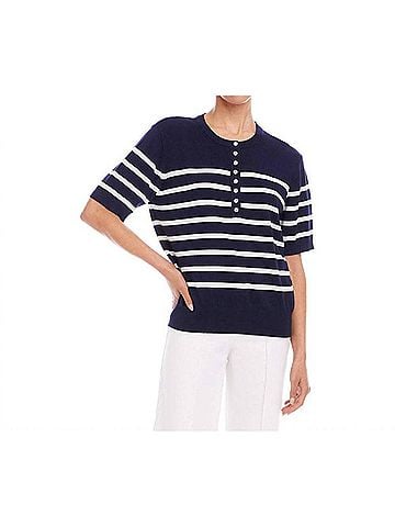 Karen Kane Henley Stripe Sweater in Navy With Off White (view 2)