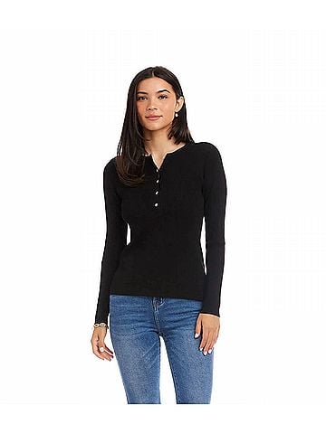 Karen Kane Hana Henley Ribbed Crewneck Sweater in Black (view 2)