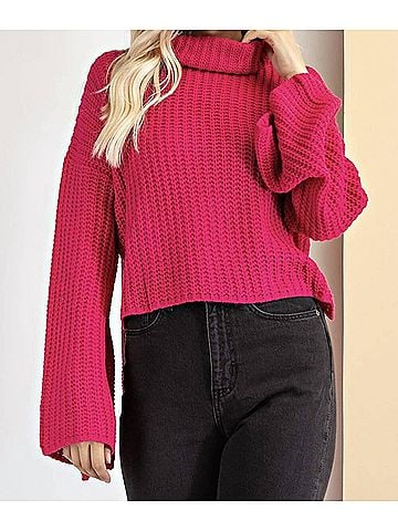 Glam Barbie Turtle Neck Sweater With Slit At The Sides in Hot Pink (view 2)