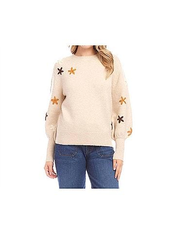 Karen Kane Emilia Embroidered Flower Sweater in Ecru (view 2)