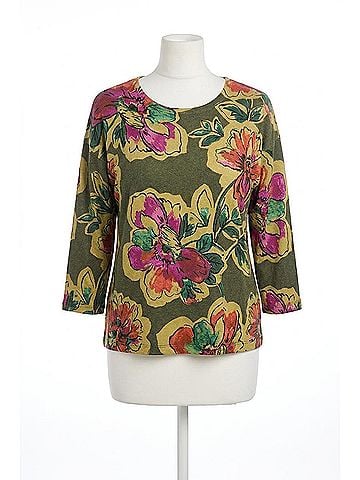 Tribal Syra Soft Yarn Three-Quarter Sleeve Crewneck Sweater in Chive (view 1)