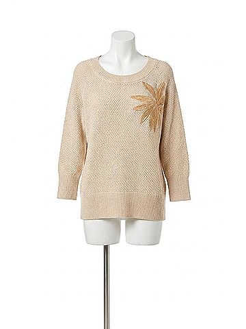 Tribal Jacquard Sunburst Crewneck 3/4 Sleeve Sweater in Canvas (view 1)