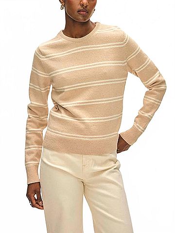 White + Warren Cotton Boucle Stripe Sweater in Tan/Ivory (view 2)