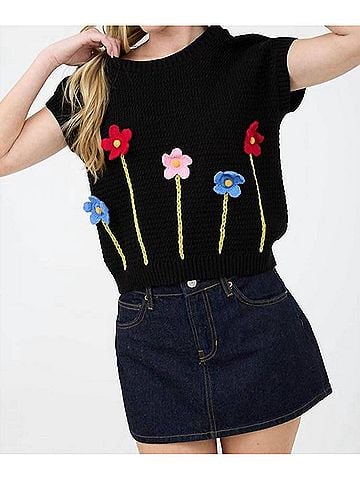 Blu Pepper 3d Crochet Floral Short Sleeve Sweater Top in Black (view 2)