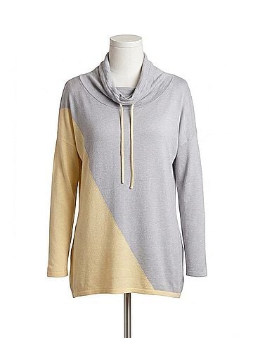 Angel 2-Tone Draw String Cowl Neck Pullover in Yellow/Gray (view 1)