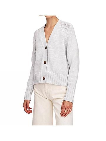White + Warren Cotton Rope Cardigan in Pale Grey (view 2)