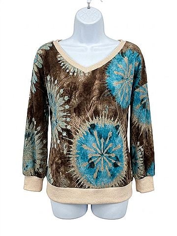 Honeyme V-Neck Sweater in Mocha/Turquoise (view 1)