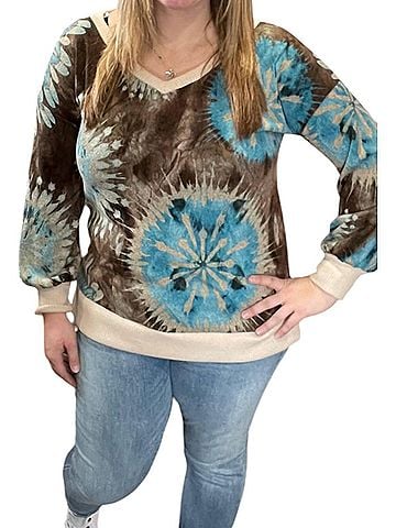 Honeyme V-Neck Sweater in Mocha/Turquoise (view 2)