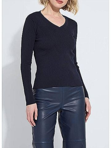 Lyssé Adette V-Neck Ribbed Longsleeve Sweater in Midnight (view 2)