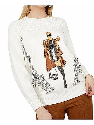 Frank Lyman Design Fashionable Lady In Paris Graphic Pullover Sweater in Off White (view 2)