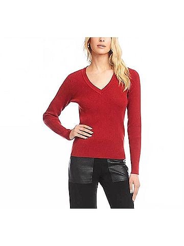 Karen Kane Ruelle Ribbed Long Sleeve Crewneck Top in Tomato (view 2)