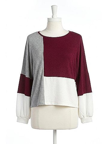 Papillon Balloon Sleeves Color Blocked Sweater in Wine/ Grey (view 1)