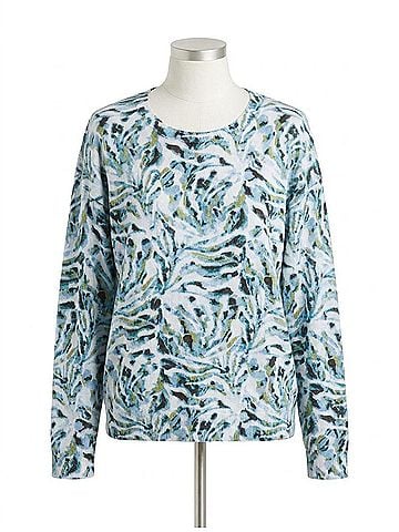 Tribal Sophie Soft Yarn Three-Quarter Sleeve Crewneck Sweater in Mistblue (view 1)