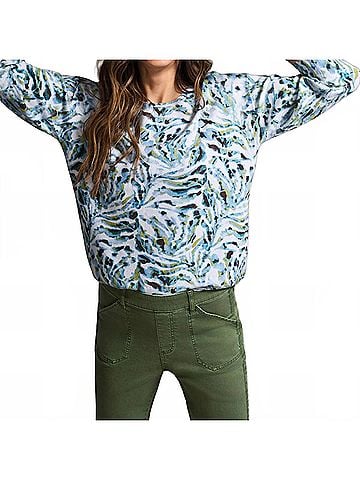 Tribal Sophie Soft Yarn Three-Quarter Sleeve Crewneck Sweater in Mistblue (view 2)