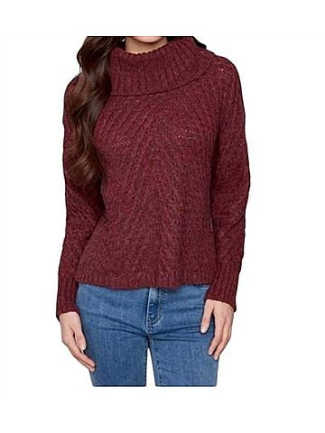 Charlie B Cowl Neck Diagonal Cable Sweater in Red (view 2)