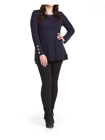 Papillon Button Detail Waffle Top in Navy (view 2)