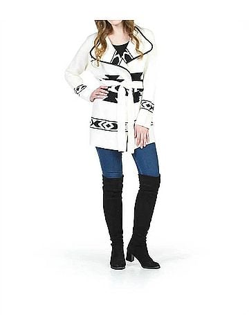 Papillon Global Design Belted Cardigan in White/Black (view 2)