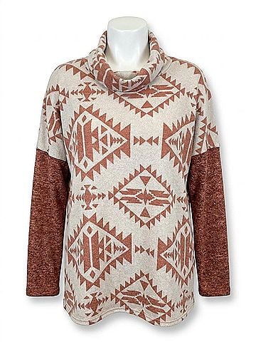 Honeyme Aztec Cowlneck Sweater in Rust (view 1)