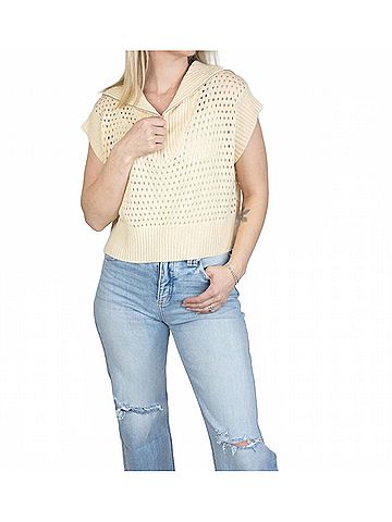 Mystree Fishnet Zip-Up Sweater Top in Butter (view 2)