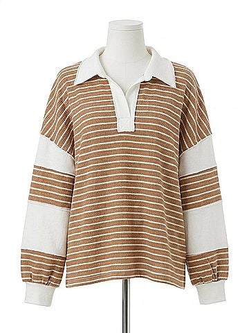 Jodifl Women's Contrast Stripe Collared Pullover in Taupe (view 1)