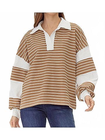Jodifl Women's Contrast Stripe Collared Pullover in Taupe (view 2)