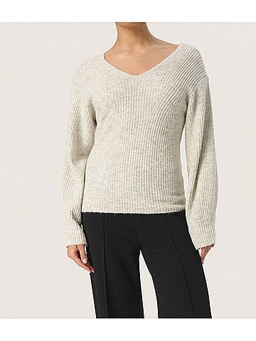 Soaked Rakel V-Neck Rib Knit Pullover in White Grey Melange (view 2)