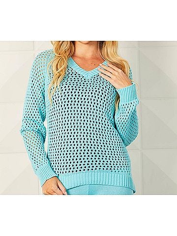 French Kyss Crochet V-Neck Top in Aqua (view 2)