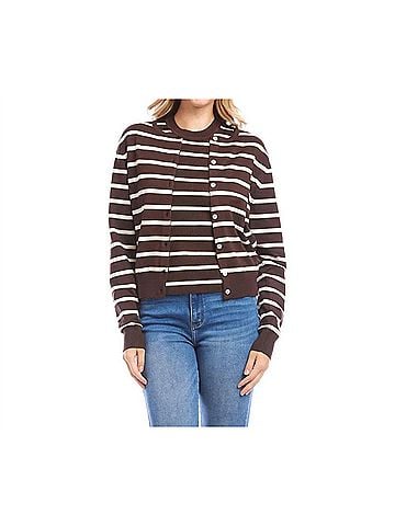 Karen Kane Simone Stripe Cardigan Sweater in Chocolate (view 2)