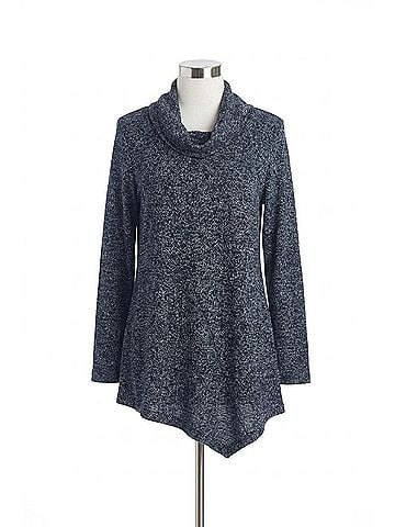 Papillon Cowl Neck Tweed Angle Hem Sweater Top in Navy (view 1)