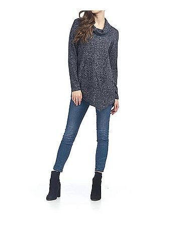 Papillon Cowl Neck Tweed Angle Hem Sweater Top in Navy (view 2)