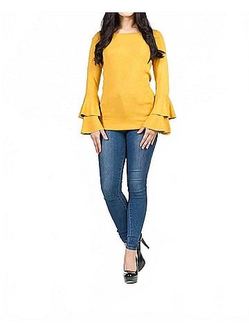 Papillon Boat Neck Ruffle Sleeve Sweater in Mustard (view 2)