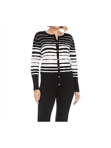 Karen Kane Stripe Cardigan Sweater in Black With Off White (view 2)