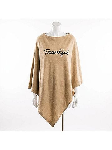 Top It Off Poncho With Script Thankful in Camel (view 1)