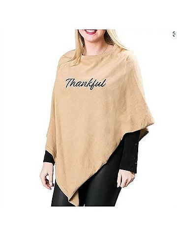 Top It Off Poncho With Script Thankful in Camel (view 2)