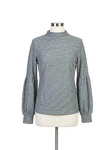 Papillon Ribbed High Neck Puff Sleeve Sweater in Grey (view 1)