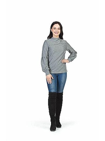 Papillon Ribbed High Neck Puff Sleeve Sweater in Grey (view 2)