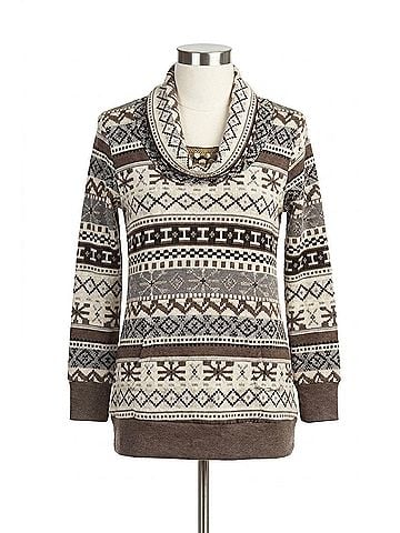 Papillon Long Sleeve Fair Isle Print Cowl Neck Sweater in Grey (view 1)