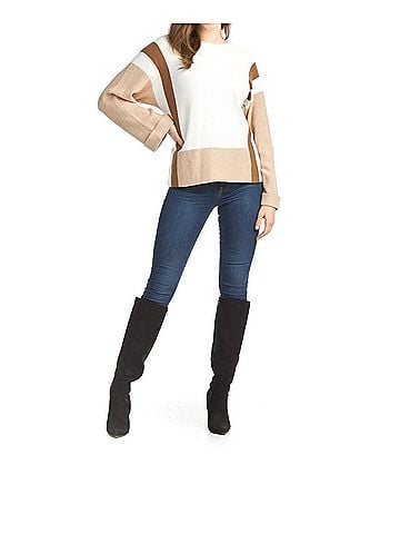 Papillon Color Blocked Sweater With Wide Sleeves in Cream (view 2)