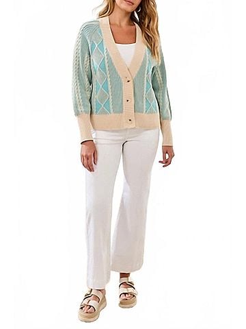 Tribal Long Puff Sleeve Sweater Cardigan in Aqua Sky (view 2)