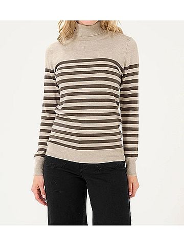 KAFFE Kalizza Rollneck Slim Fit Pullover Sweater in Feather Gray Brown Stripe (view 2)